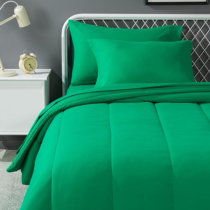 Amazon Basics 5 Piece Microfiber Kid's Bed-in-a-Bag Bedding Set, Twin, Green, Solid - LeafyLoom