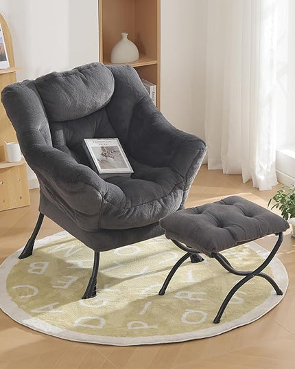 Oversized Chair with Ottoman, Modern Reading Chair, Lounge Accent Chair with Armrests and a Side Pocket for Small Space, Bedroom, Study, Living Room (Plush Dark Grey) - LeafyLoom