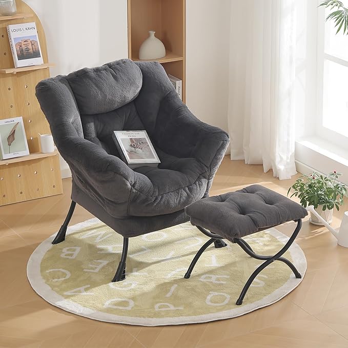 Oversized Chair with Ottoman, Modern Reading Chair, Lounge Accent Chair with Armrests and a Side Pocket for Small Space, Bedroom, Study, Living Room (Plush Dark Grey) - LeafyLoom