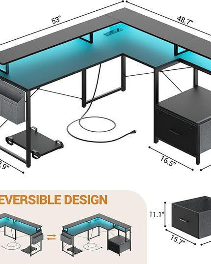 Unikito L Shaped Desk with File Drawer, Reversible L Shaped Computer Desk with Power Outlet & LED Lights, Home Office Desk Corner Desk with Monitor Shelf and Printer Cabinet, Gaming Desk, Black - LeafyLoom