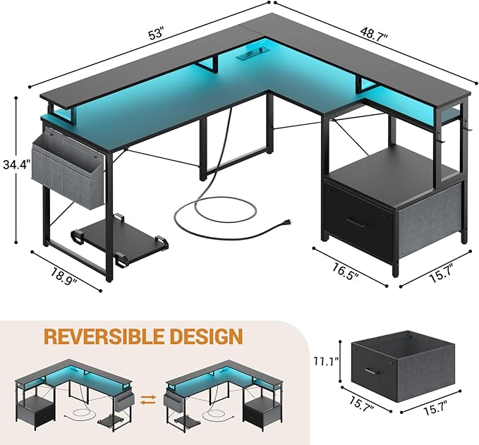 Unikito L Shaped Desk with File Drawer, Reversible L Shaped Computer Desk with Power Outlet & LED Lights, Home Office Desk Corner Desk with Monitor Shelf and Printer Cabinet, Gaming Desk, Black - LeafyLoom