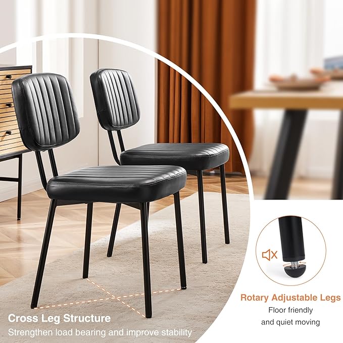 Sweetcrispy Dining Chairs Set of 4, Upholstered Mid Century Modern Kitchen Dining Room Accent Chairs with Faux Leather Cushion Seat & Metal Legs for Kitchen, Living Room - Black - LeafyLoom