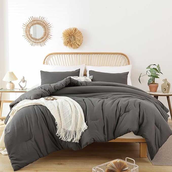 ROSGONIA Queen Comforter Set Charcoal Grey, 3pcs (1 Boho Dark Gray Comforter & 2 Pillowcases) All Season Soft Bedding Lightweight Bedspread Blanket Quilt - LeafyLoom