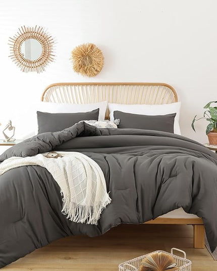 ROSGONIA Comforter Full Size for Girls Boys Teens Charcoal Grey, 3pcs(1 Dark Grey Comforter & 2 Pillowcases) Lightweight Dorm Bedding for All Season - LeafyLoom
