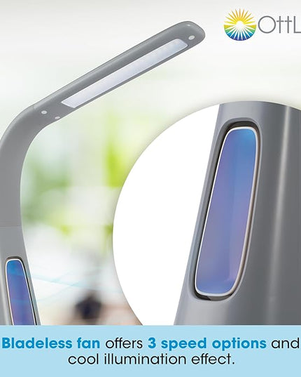 OttLite Cool Breeze LED Lamp with Fan (Gray) - 3-Speed Bladeless Fan & 5 Brightness Settings with Touch Activated Controls, Energy-Efficient Natural Daylight LEDs for Home Office, Desk, & Dorms - LeafyLoom