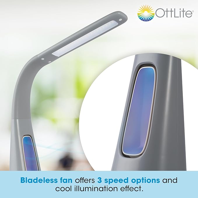 OttLite Cool Breeze LED Lamp with Fan (Gray) - 3-Speed Bladeless Fan & 5 Brightness Settings with Touch Activated Controls, Energy-Efficient Natural Daylight LEDs for Home Office, Desk, & Dorms - LeafyLoom