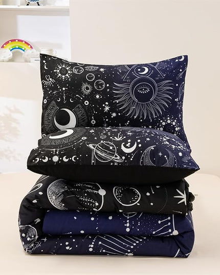 Holawakaka Stars Moon Constellation Print Comforter Set Twin Size Girls Boys Witchy Astrology Zodiac Celestial Bedding Set (Navy Blue,Twin) - LeafyLoom