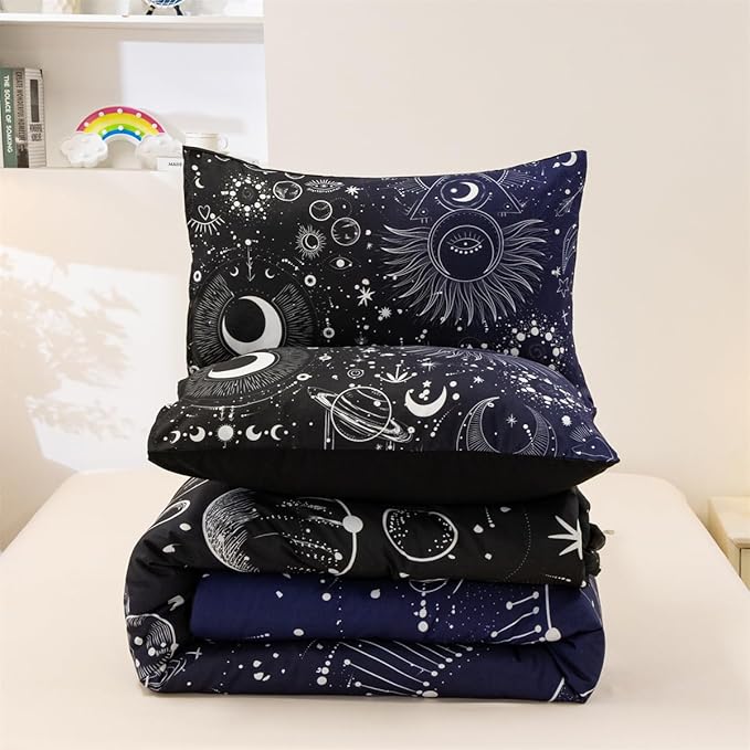 Holawakaka Stars Moon Constellation Print Comforter Set Queen Size Girls Boys Witchy Astrology Zodiac Celestial Bedding Set (Navy Blue, Queen) - LeafyLoom