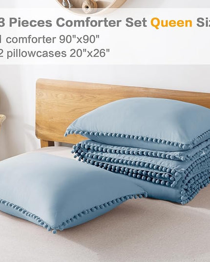 Litanika Queen Size Comforter Set Grey Blue,3 Pieces Grey Blue Boho Pom Pom Lightweight Bed Comforter, All Season Soft Solid Color Bedding Comforter Sets (1 Comforter 90x90 Inch, 2 Pillowcases) - LeafyLoom
