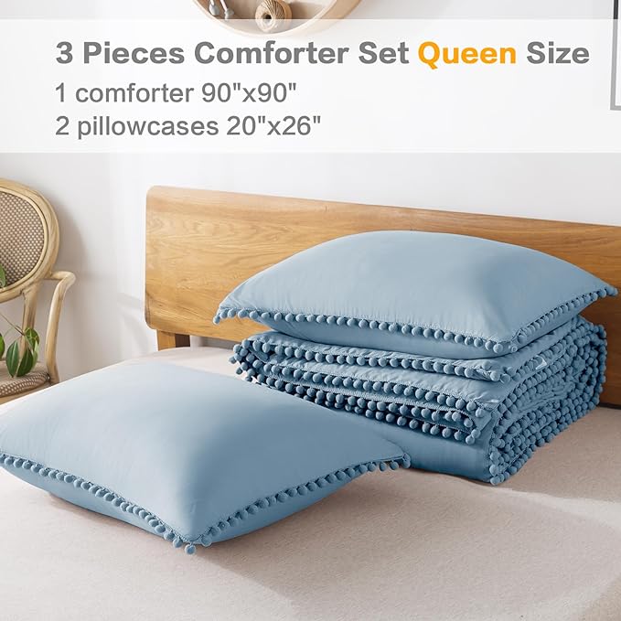 Litanika Queen Size Comforter Set Grey Blue,3 Pieces Grey Blue Boho Pom Pom Lightweight Bed Comforter, All Season Soft Solid Color Bedding Comforter Sets (1 Comforter 90x90 Inch, 2 Pillowcases) - LeafyLoom