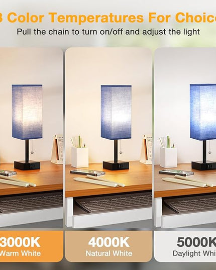 Blue Small Table Lamp for Bedroom - 3 Color Temperature 3000K 5000K 4000K Bedside Lamp, Pull Chain Control, USB A and C Charging Ports, Black Base, for Kids Office Dorm nightstand, Bulb Included - LeafyLoom