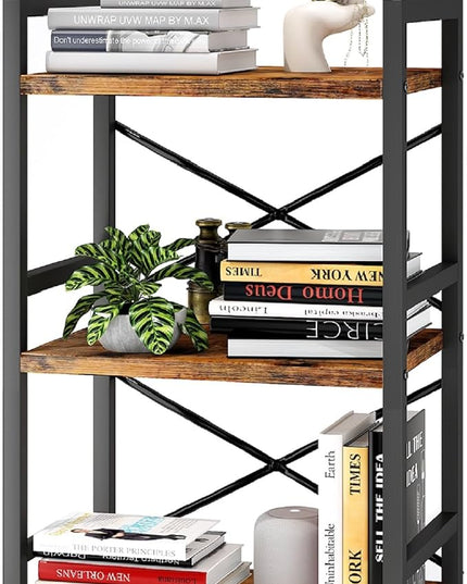 Bookshelf, 3 Tier Industrial Bookcase, Metal Small Bookcase, Rustic Etagere Book Shelf Storage Organizer for Living Room, Bedroom, and Home Office(Rustic Brown) Patent Pending D29873033 - LeafyLoom