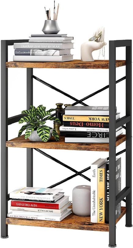 Bookshelf, 3 Tier Industrial Bookcase, Metal Small Bookcase, Rustic Etagere Book Shelf Storage Organizer for Living Room, Bedroom, and Home Office(Rustic Brown) Patent Pending D29873033 - LeafyLoom