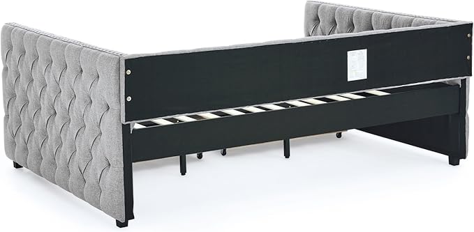 Full Size Upholstered Daybed, Pull Out with Two Storage Drawers, Solid Wood Frame Bed, Tufted Buttons and Copper Nails On Square Arms, for Bedrooms,Apartments, Grey-1 - LeafyLoom