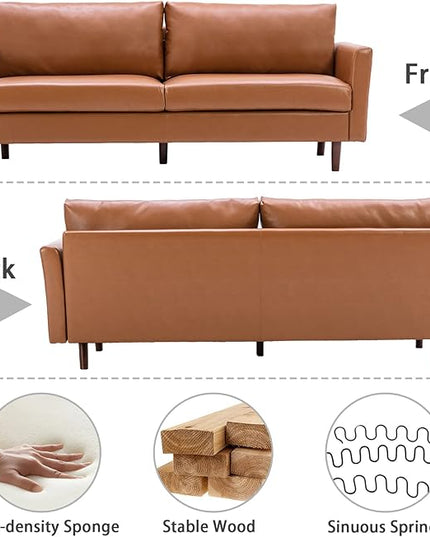 Dreamsir 80'' Faux Leather Sofa Couch, Mid-Century Modern Sofa with Solid Wooden Frame & Padded Cushions, 3-Seater Couch for Living Room, Apartment, Lounge Room (Brown) - LeafyLoom
