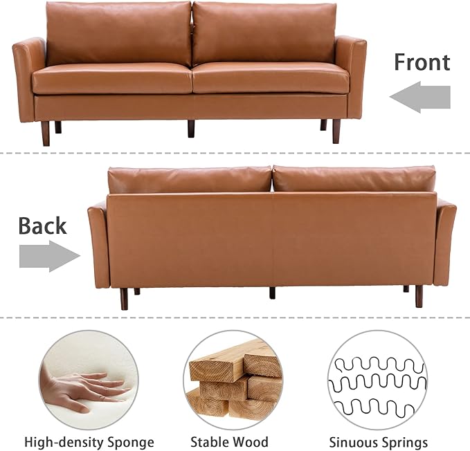 Dreamsir 80'' Faux Leather Sofa Couch, Mid-Century Modern Sofa with Solid Wooden Frame & Padded Cushions, 3-Seater Couch for Living Room, Apartment, Lounge Room (Brown) - LeafyLoom