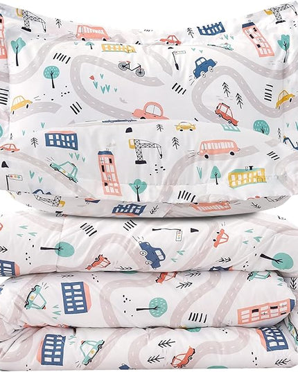 JSD Car Kids Printed Comforter Set for Boys Girls, 2 Pieces Twin Microfiber Comforter with Pillow Sham, Soft Comfortable Machine Washable - LeafyLoom