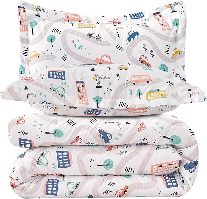JSD Car Kids Printed Comforter Set for Boys Girls, 2 Pieces Twin Microfiber Comforter with Pillow Sham, Soft Comfortable Machine Washable - LeafyLoom