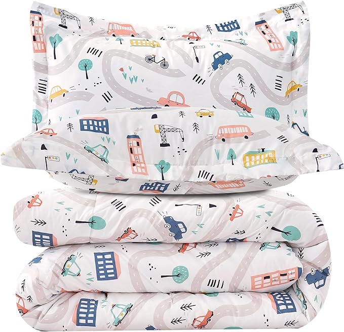 JSD Car Kids Printed Comforter Set for Boys Girls, 3 Pieces Full Microfiber Comforter with Pillow Sham, Soft Comfortable Machine Washable - LeafyLoom