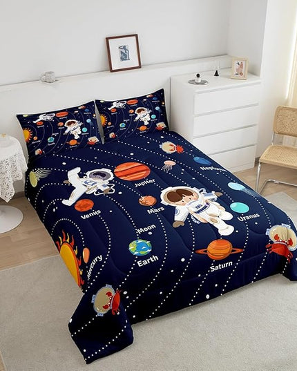 Feelyou Solar System Comforter Set Queen Size Outer Space Comforter for Kids Teens Adults Universe Planets Bedding Set Cute Astronaut Blue Duvet Set Room Decor 3Pcs with 2 Pillow Case - LeafyLoom