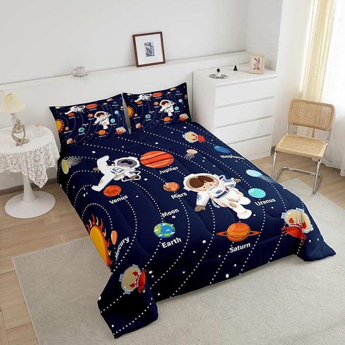 Feelyou Solar System Comforter Set Twin Size Outer Space Comforter for Kids Teens Adults Universe Planets Bedding Set Cute Astronaut Blue Duvet Set Room Decor 2Pcs with 1 Pillow Case - LeafyLoom
