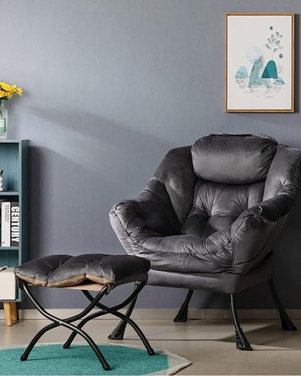 HollyHOME Fabric Lazy Chair with Foldable Ottoman, Accent Comfy Lounge Arm Chair and Folding Footrest Stool Set, Leisure Sofa Reading Chair and Footstool for Living Room, Bedroom, Dorm, Smoky Grey - LeafyLoom