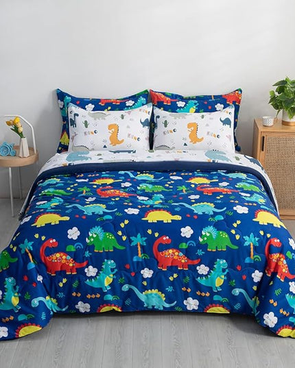 Wajade 7 Piece Kid Boys Dinosaur Comforter Set Queen Size 3D Blue Dinosaur Wild Park Jungle Print Bedding Set with Comforter, Sheet Set, Pillowcase and Sham - LeafyLoom