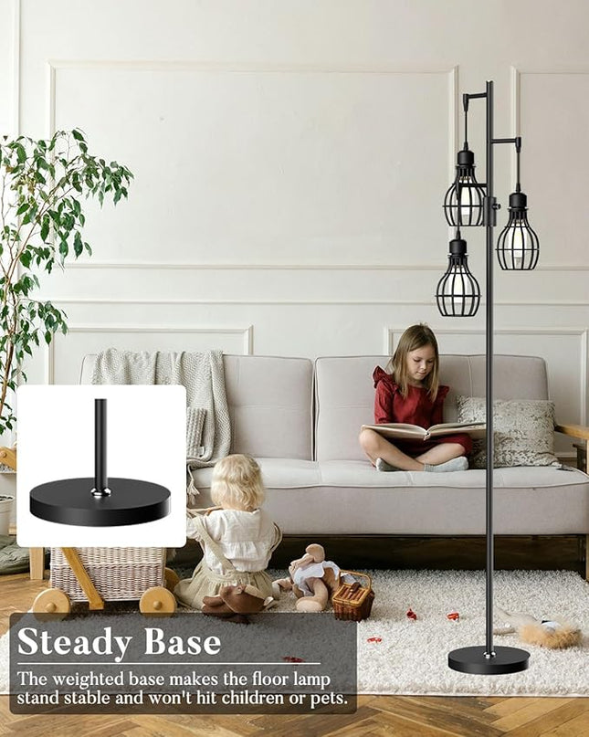 Lightdot 68IN Industrial Floor Lamp Dimmable (Brightness Adjustable), Farmhouse Tree Floor Lamp with E26 LED Edision Bulbs Included, 3-Light Tall Pole Standing Lamp for Living Room Bedroom-Black - LeafyLoom