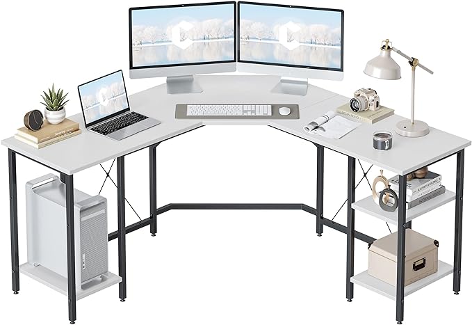 CubiCubi L Shaped Desk, 59.1 inch Computer Corner Desk with 2 Storage Shelves, Home Office Desk for Writing Gaming Study, White - LeafyLoom
