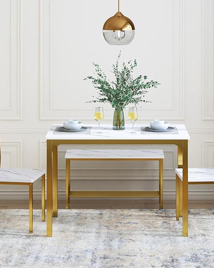 sogesfurniture 4 Piece Dining Table Set, Dining Room Set, Kitchen Dinner Table with Benches for 4, includes Table, 2 Chairs & Bench, White Gold - LeafyLoom