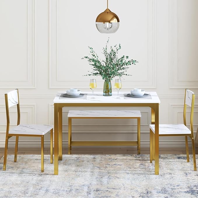 sogesfurniture 4 Piece Dining Table Set, Dining Room Set, Kitchen Dinner Table with Benches for 4, includes Table, 2 Chairs & Bench, White Gold - LeafyLoom