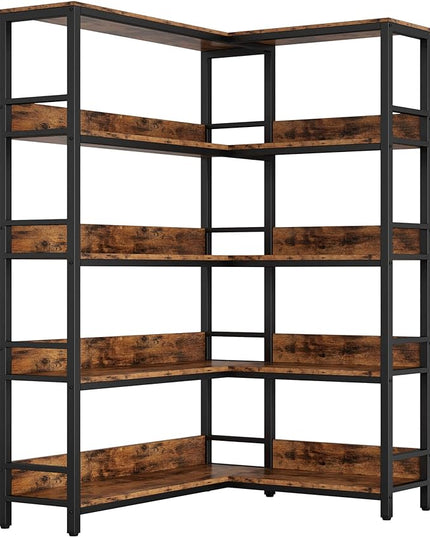 IRONCK Industrial Bookshelves 5 Tiers Corner Bookcases with Baffles Etagere Shelf Storage Rack with Metal Frame for Living Room Home Office - LeafyLoom