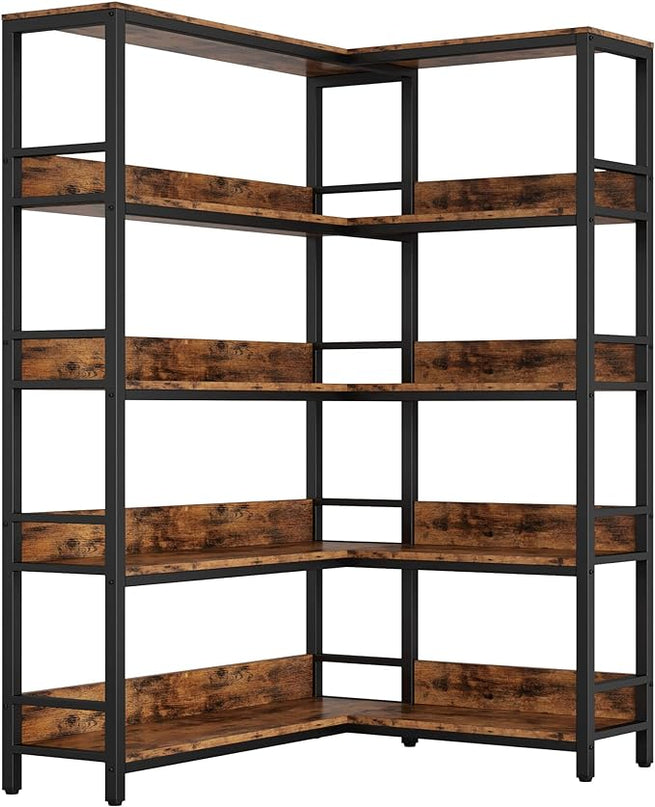 IRONCK Industrial Bookshelves 5 Tiers Corner Bookcases with Baffles Etagere Shelf Storage Rack with Metal Frame for Living Room Home Office - LeafyLoom