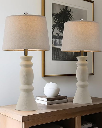 Oneach 25.75'' Farmhouse Ceramic Table Lamp for Living Room Bedside Lamps Office White Table Lamp Set of 2 for Bedroom Retro Nightstand Lamp End Table Lamps (Beige) - LeafyLoom