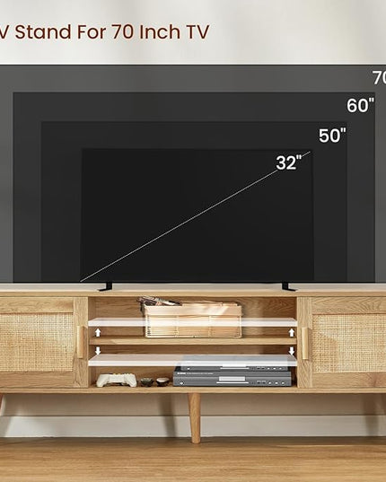 Iwell Boho Rattan TV Stand for 70 inch TV, Large TV Console, Entertainment Center with Adjustable Shelf and 2 Cabinets, Mid Century Modern TV Stands for Living Room, Bedroom, Natural - LeafyLoom