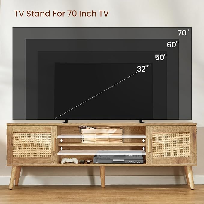 Iwell Boho Rattan TV Stand for 70 inch TV, Large TV Console, Entertainment Center with Adjustable Shelf and 2 Cabinets, Mid Century Modern TV Stands for Living Room, Bedroom, Natural - LeafyLoom