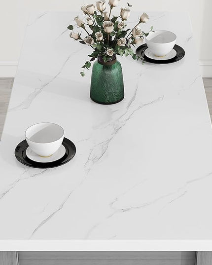 3-Piece Wooden Counter Height Dining Table Set with Faux Marble Veneer and Built-in Storage Shelves, 2 Upholstered Chairs, for Kitchen, Breakfast Nook, Bar, Living Room, Gray - LeafyLoom