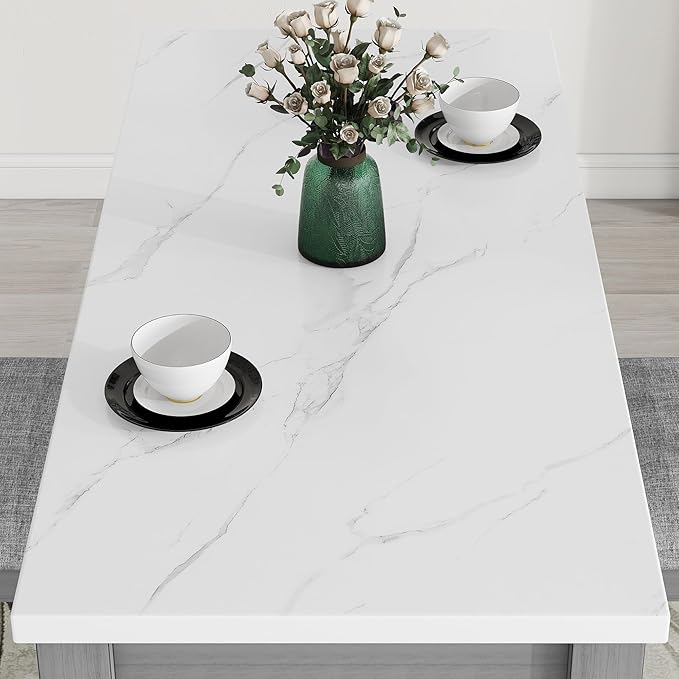 3-Piece Wooden Counter Height Dining Table Set with Faux Marble Veneer and Built-in Storage Shelves, 2 Upholstered Chairs, for Kitchen, Breakfast Nook, Bar, Living Room, Gray - LeafyLoom