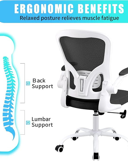 Ergonomic Office Desk Chair Breathable Mesh Swivel Computer Chair, Lumbar Back Support Task Chair, Office Chairs with Wheels and Flip-up Arms, Adjustable Height (White & Black) - LeafyLoom