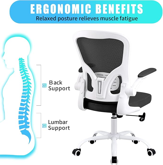Ergonomic Office Desk Chair Breathable Mesh Swivel Computer Chair, Lumbar Back Support Task Chair, Office Chairs with Wheels and Flip-up Arms, Adjustable Height (White & Black) - LeafyLoom