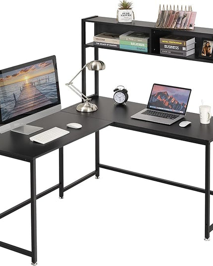 Becko US L Shaped Desk with Hutch, 56 Inch Corner Computer Desk, Home Office Writing Desk with Storage Shelves, Space Saving (Black) - LeafyLoom