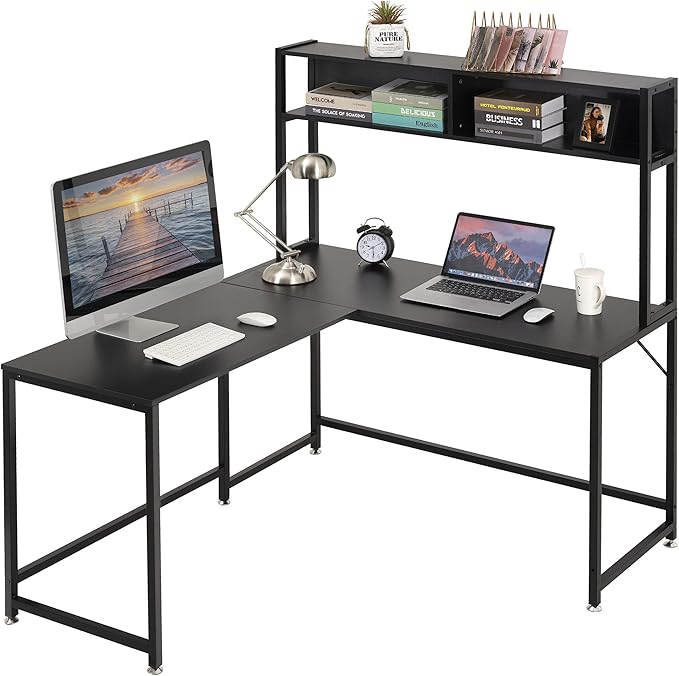 Becko US L Shaped Desk with Hutch, 56 Inch Corner Computer Desk, Home Office Writing Desk with Storage Shelves, Space Saving (Black) - LeafyLoom