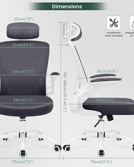 KERDOM Ergonomic Office Chair, Lumbar Support Computer Chair with Headrest and Flip-up Arms, Breathable Mesh Desk Chair, Swivel Task Chair, Adjustable Height Gaming Chair, Darkgray - LeafyLoom