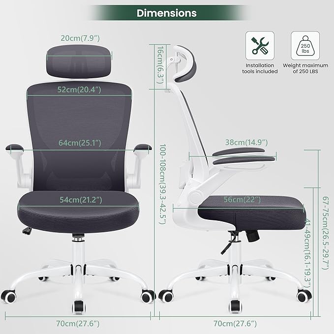 KERDOM Ergonomic Office Chair, Lumbar Support Computer Chair with Headrest and Flip-up Arms, Breathable Mesh Desk Chair, Swivel Task Chair, Adjustable Height Gaming Chair, Darkgray - LeafyLoom