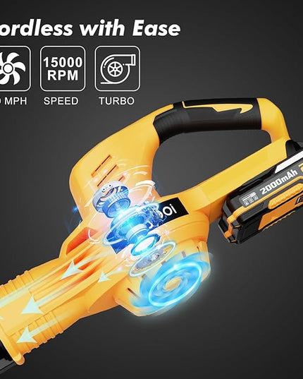 Leaf Blower Cordless - 21V Electric Cordless Leaf Blower with 2 Batteries and Charger, 2 Speed Mode, 2.0Ah Lightweight Battery Powered Leaf Blowers for Lawn Care, Patio, Blowing Leaves Lemon Yellow - LeafyLoom