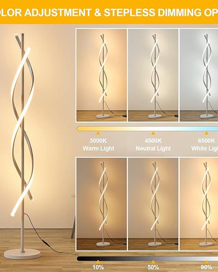 LED Floor Lamps for Living Room,Spiral Modern Floor Lamp with Remote Control 60 Inch Dimmable White Floor Lamp 48W Standing Lamp with Timer 3 Color Temperature Corner Floor Lamp for Bedroom - LeafyLoom