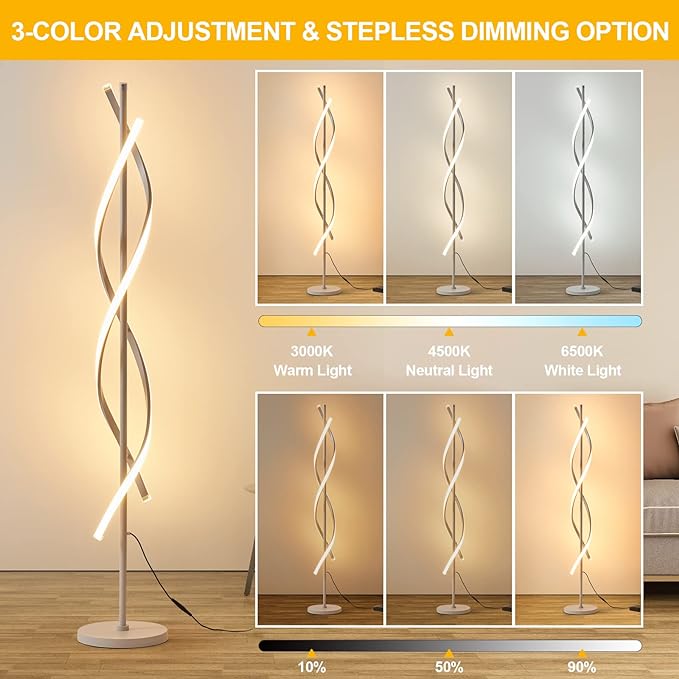 LED Floor Lamps for Living Room,Spiral Modern Floor Lamp with Remote Control 60 Inch Dimmable White Floor Lamp 48W Standing Lamp with Timer 3 Color Temperature Corner Floor Lamp for Bedroom - LeafyLoom