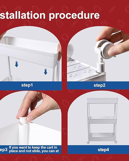 3 Tier Slim Storage Cart, Kitchen Mobile Shelving Unit Organizer, Rolling Cart with Lockable Wheels, Utility Cart for Tight Spaces on Kitchen Office Apartments Dormitory Bathroom, White - LeafyLoom