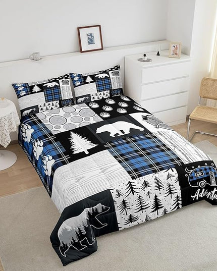 Manfei Bear Paws Comforter Set Twin Size,Pine Trees Geometric Plaids Patchwork Bedding Set for Kids Boys Girls Adults Room Decor,Hunting Adventure Down Comforter,Blue Rustic Duvet Insert,1 Pillowcase - LeafyLoom