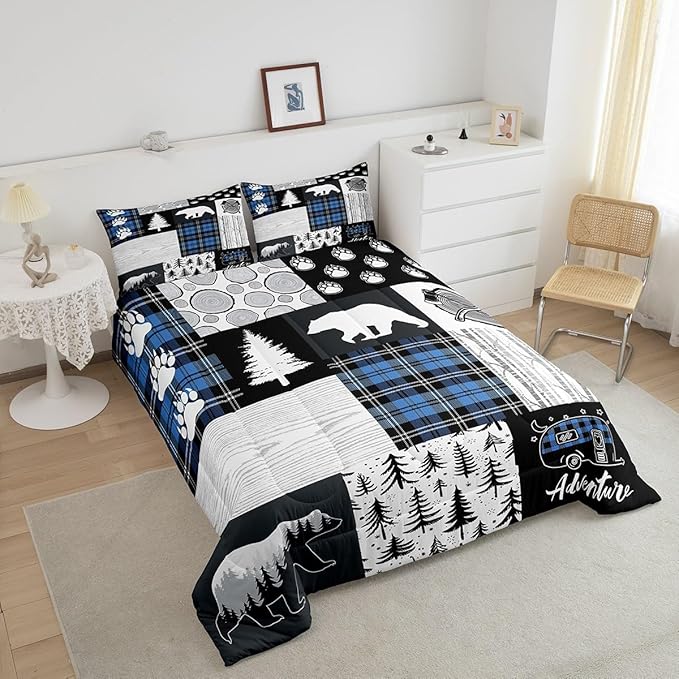 Manfei Bear Paws Comforter Set Twin Size,Pine Trees Geometric Plaids Patchwork Bedding Set for Kids Boys Girls Adults Room Decor,Hunting Adventure Down Comforter,Blue Rustic Duvet Insert,1 Pillowcase - LeafyLoom